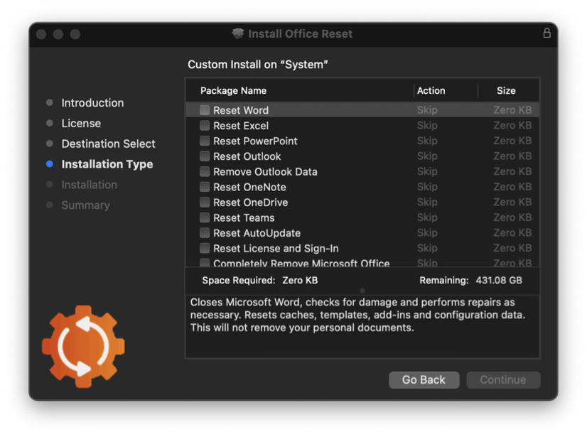 Screenshot of the Office-Reset tool options